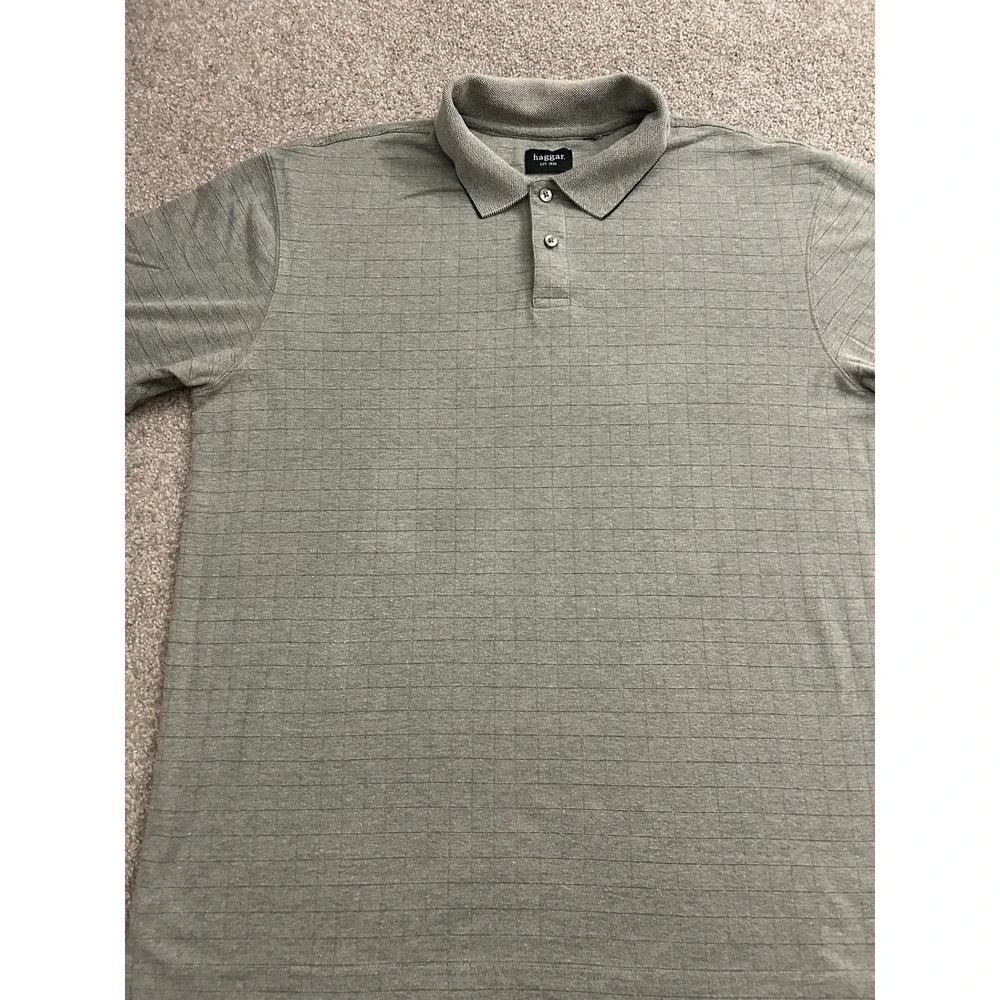 Haggar Polo Shirt Mens XL Grey Excellent Textured‎ Grid Short Sleeve Casual Top
